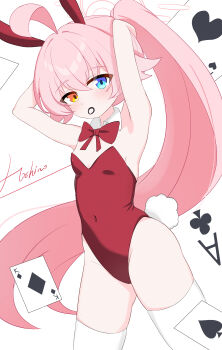 1girl ahoge alternate_costume armpits arms_behind_head blue_archive blue_eyes blush bow bowtie breasts card cleavage covered_navel detached_collar hair_tie_in_mouth halo hand_in_own_hair heterochromia high_ponytail hoshino_(blue_archive) leotard long_hair mouth_hold pink_hair playboy_bunny playing_card ponytail rabbit_ears rabbit_tail red_leotard small_breasts solo standing thighhighs ttriwk very_long_hair white_background white_thighhighs yellow_eyes
