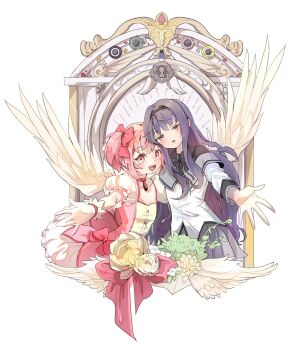 2girls absurdres akemi_homura akemi_homura_(magical_girl) angel_wings arm_around_back black_bow black_bowtie black_capelet black_hairband bow bowtie bubble_skirt bush buttons capelet carnation center_frills chest_jewel chinese_commentary choker collarbone collared_capelet commentary_request cropped_legs dress expressionless eyelashes feathered_wings flower frilled_dress frilled_skirt frilled_sleeves frills gem gloves grey_capelet grey_skirt hair_bow hair_intakes hairband happy heads_together highres kaname_madoka kaname_madoka_(magical_girl) layered_sleeves light_blush long_hair long_sleeves looking_at_viewer magical_girl mahou_shoujo_madoka_magica mahou_shoujo_madoka_magica_(anime) miniskirt mixed-language_commentary multiple_girls offering_hand open_mouth outstretched_hand palms parted_lips partial_commentary picture_frame pink_bow pink_choker pink_dress pink_eyes pink_gemstone pink_hair pleated_skirt puffy_short_sleeves puffy_sleeves purple_eyes purple_hair short_dress short_hair short_sleeves short_twintails sidelocks skirt smile square_neckline teeth twintails two-tone_capelet upper_teeth_only very_long_hair vickey233 waist_bow white_background white_dress white_flower white_gloves white_skirt white_sleeves white_wings wings