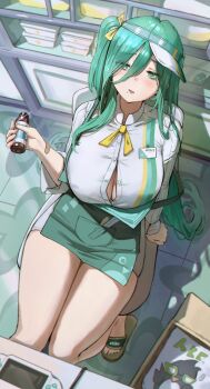 1girl absurdres apron bandaid bandaid_on_arm bandaid_on_wrist blush bottle breasts brown_slippers button_gap chair cleavage commentary employee_uniform glint green_apron green_eyes green_hair hair_between_eyes hashtag-only_commentary highres holding holding_bottle indoors jindogod large_breasts long_hair long_hair_between_eyes long_sleeves looking_at_viewer mole mole_under_mouth name_tag neck_ribbon on_chair one_side_up open_clothes open_shirt parted_lips partially_unbuttoned portia_(stella_sora) raised_inner_eyebrows ribbon shirt sitting slippers solo stella_sora strap_slip very_long_hair visor_cap white_shirt yellow_ribbon