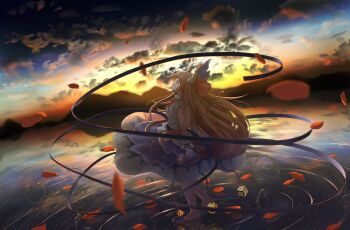 1girl absurdres barefoot belt blue_bow bow brown_eyes brown_hair chain cloud cloudy_sky cube floating_clothes from_side gourd highres horn_bow horn_ornament horn_ribbon horns ibuki_suika immaterial_and_missing_power landscape long_hair looking_up nakit oni orange_eyes orange_hair orb petals petals_on_liquid pyramid_(geometry) red_bow ribbon scenery skirt sky standing sunset touhou water water_surface wrist_cuffs