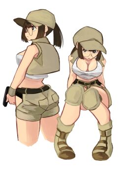 1girl belt boots breasts brown_eyes brown_hair glasses hat highres large_breasts midriff military multiple_views original ponytail shorts tikuwabu_33