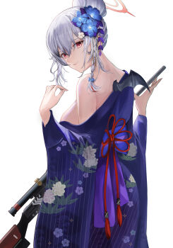 1girl asymmetrical_sidelocks bat_wings blue_archive braid breasts commentary floral_print flower grey_hair gun h&amp;k_psg1 hair_bun hair_flower hair_ornament halo haruna_(blue_archive) haruna_(new_year)_(blue_archive) highres iino_(isnyong) japanese_clothes kanzashi kimono large_breasts long_hair looking_at_viewer mini_wings no_bra obi off_shoulder official_alternate_costume pinstripe_kimono pinstripe_pattern purple_kimono red_eyes red_halo rifle sash side-by-side side_braid sidelocks single_hair_bun sniper_rifle solo tsumami_kanzashi weapon wings