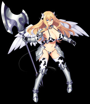 1girl aldebaran_(escalation_heroines) animal_ears animal_print axe bare_shoulders bikini black_background blonde_hair blue_eyes breasts choukou_(alicesoft) choukou_taisen_escalation_heroines cleavage cow_ears cow_horns cow_print cow_print_bikini full_body holding holding_axe horns horosuke leg_armor navel print_bikini solo swimsuit tachi-e weapon