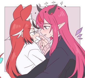 Rule 34 | + +, 2girls, animal ear fluff, animal ears, black shirt, black streaks, blue eyes, blush, commentary request, ear blush, energy wings, eye contact, gag, hakos baelz, halo, hololive, hololive english, horns, improvised gag, irys (hololive), long hair, looking at another, mouse ears, mouse girl, mouse tail, multiple girls, parted lips, pink hair, pink nails, pointy ears, ramphastostella, red hair, shirt, smile, sweat, tail, tape, tape gag, virtual youtuber, white shirt, white streaks, yuri