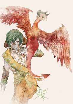 Rule 34 | 1boy, aqua hair, au ra, azdaja (ff14), brother and sister, brown horns, brown pants, colored skin, dragon, final fantasy, final fantasy xiv, grey skin, horns, pants, red eyes, ruka (blueplus84), scales, short hair, siblings, simple background, small dragon, varshahn, white background