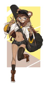 Rule 34 | 1girl, absurdres, animal ears, asymmetrical legwear, bandaid, bandaid on knee, bandaid on leg, bear ears, bear girl, black hat, black shorts, boots, bracelet, braid, breasts, brown background, brown boots, brown eyes, brown hair, brown socks, brown thighhighs, commission, cropped jacket, double v, ears through headwear, facing viewer, female focus, full body, fur-trimmed jacket, fur trim, glasses, gold bracelet, grin, groin, guitar case, hat, highres, instrument case, jacket, jewelry, leg up, long hair, looking at viewer, midriff, navel, original, rectangular eyewear, short shorts, shorts, shuuko (s h uuko), side braid, simple background, single thighhigh, small breasts, smile, socks, solo, standing, standing on one leg, tan, teeth, thighhighs, v, white-framed eyewear, white background, white jacket, wide sleeves, yellow background, yellow nails