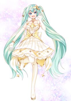 Rule 34 | 1girl, aqua eyes, aqua hair, blush, boots, breasts, collarbone, commentary request, dress, elbow gloves, gloves, hair ornament, hatsune miku, highres, long hair, looking at viewer, masumofu, medium breasts, open mouth, pleated dress, sleeveless, sleeveless dress, smile, solo, standing, standing on one leg, star (symbol), star hair ornament, thigh boots, twintails, very long hair, vocaloid, white boots, white dress, white gloves