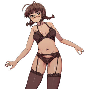 Rule 34 | 1girl, akizuki ritsuko, antenna hair, bare arms, bra, braid, breasts, brown bra, brown eyes, brown hair, brown panties, brown thighhighs, chiaki rakutarou, commentary request, cowboy shot, garter belt, glasses, idolmaster, idolmaster (classic), looking at viewer, navel, panties, simple background, solo, standing, thighhighs, twin braids, underwear, underwear only, white background