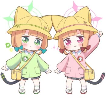 2girls :< a-pose alternate_costume animal_ear_headwear arm_up bag black_shorts black_skirt black_tail blonde_hair blue_archive blunt_bangs blush bow cat_tail character_name child closed_mouth collared_shirt commentary contrast_collar deformed denki_blanco fake_animal_ears fake_tail flower_pin full_body green_bow green_eyes green_halo green_shirt hair_bow halo hat hat_bow kindergarten_uniform long_sleeves looking_at_viewer low-tied_sidelocks midori_(blue_archive) millennium_science_school_logo momoi_(blue_archive) multiple_girls name_tag parted_bangs parted_lips pigeon-toed pink_bow pink_eyes pink_halo pink_shirt pleated_skirt pocket puffy_long_sleeves puffy_sleeves red_bow school_hat shirt shoes short_hair shorts shoulder_bag siblings sidelocks simple_background sisters skirt smile socks sparkle standing symbol_in_eye tail twins uwabaki v-shaped_eyebrows white_background white_shoes white_socks yellow_bag yellow_hat