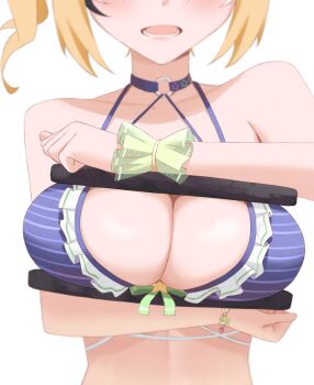 1girl absurdres arm_scrunchie bikini blonde_hair blue_bikini breasts cleavage dooby dooby_(summer) highres indie_virtual_youtuber large_breasts meme multicolored_hair open_mouth shioreos_(meme) short_hair streaked_hair swimsuit virtual_youtuber yubbiidraw