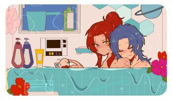 1boy 1girl blush chesed_(project_moon) closed_eyes closed_mouth commentary flower gebura_(project_moon) hetero high_ponytail highres library_of_ruina long_hair overflowing overflowing_bath pink_flower poking ponytail project_moon punishing_bird red_flower red_hair rubber_duck scar scar_across_eye scar_on_arm scar_on_face shared_bathing smile soap_bottle steam sweat thermostat yuhan_company12