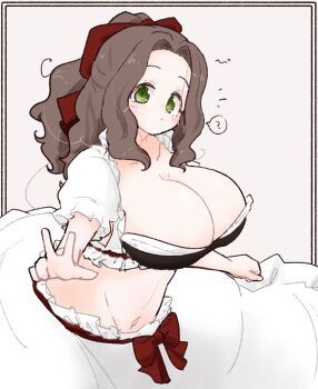 1girl :o ? blush bow breasts brown_hair cleavage commentary cowboy_shot forehead frilled_shirt frills green_eyes hair_bow highres inset_border large_breasts long_hair looking_at_viewer navel olto_rondo open_mouth original red_bow shirt short_sleeves simple_background skirt solo speech_bubble spoken_question_mark stomach symbol-only_commentary w white_background white_shirt white_skirt