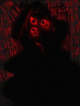ambiguous_gender colored_sclera dark eldritch_abomination english_text extra_eyes hood hood_up horror_(theme) long_hair looking_at_viewer ogirok original red_eyes red_sclera silhouette solo sound_effects