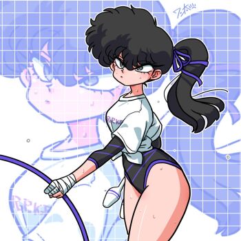 1girl athletic_leotard black_eyes black_hair black_leotard gym_uniform hair_ribbon holding_hula_hoop hoop hula_hoop kunou_kodachi leotard ponytail purple_ribbon ranma_1/2 ribbon shirt signature sleeved_leotard solo sweat thighhighs tied_shirt wanta_(futoshi) white_shirt zoom_layer