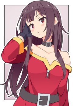 1girl aged_up alternate_breast_size_(larger) alternate_hair_length alternate_hairstyle bare_shoulders belt black_belt black_choker black_gloves blush brown_hair choker commentary_request dress gloves highres kono_subarashii_sekai_ni_shukufuku_wo! long_hair long_sleeves looking_at_viewer megumin noyama_takenoko off-shoulder_dress off_shoulder open_mouth red_eyes solo
