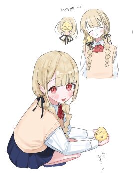 1girl absurdres alternate_costume animal bird black_ribbon blonde_hair blue_skirt blush bow bowtie closed_eyes hair_ribbon hanada_ten highres holding holding_animal holding_bird kogara_toto low_twintails multi-tied_hair open_mouth parted_bangs pleated_skirt red_bow red_bowtie red_eyes ribbon school_uniform shirt simple_background sketch skirt smile solo squatting twintails vest virtual_youtuber vspo! white_background white_shirt yellow_vest