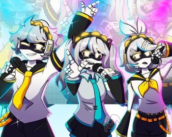 1boy android artist_request commentary_request cosplay hat hatsune_miku hatsune_miku_(cosplay) humanoid_robot j_(murder_drones) kagamine_len kagamine_len_(cosplay) kagamine_rin kagamine_rin_(cosplay) murder_drones n_(murder_drones) non-web_source open_mouth parody robot short_hair short_sleeves smile source_request v_(murder_drones) vocaloid yellow_eyes