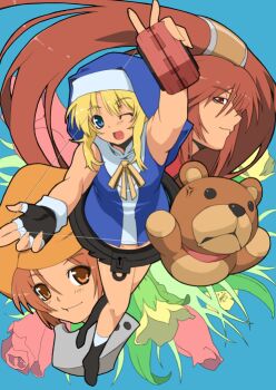 1boy 2girls :d anger_vein arm_up bandana bandana_around_neck black_gloves blonde_hair blue_background blue_eyes blue_veil blue_vest bridget_(guilty_gear) brown_eyes brown_hair character_request closed_mouth fingerless_gloves floral_background flower_request from_above full_body gloves guilty_gear guilty_gear_xx guimpe hair_between_eyes hat holding holding_toy kageaki konsan_(shinonome_root3) light_smile long_sidelocks looking_at_viewer male_focus may_(guilty_gear) multiple_girls neck_ribbon nun one_eye_closed open_mouth orange_hat outstretched_arm profile red_bandana red_eyes ribbon roger_(guilty_gear) shirt sidelocks sleeveless sleeveless_shirt smile socks string stuffed_animal stuffed_toy teddy_bear toy trap veil vest walking white_shirt white_socks yellow_ribbon yo-yo