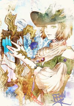 1girl bard_(final_fantasy) black_hat brown_hair commentary_request copyright_name facial_mark final_fantasy final_fantasy_xiv gold_ring green_eyes hat hat_feather jewelry miqo&#039;te renda-rae ring ruka_(blueplus84) short_hair solo thumb_ring whisker_markings