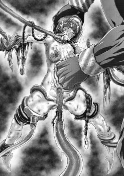 1boy 1girl absurdres beaten bite_mark braid breasts bruise censored defeat goddess_defeat:_reincarnation_valanowas highres injury long_hair medium_breasts monochrome monster mosaic_censoring nude official_art open_mouth pain penis punching ran_(yamatoagu) restrained ryona size_difference stomach_punch strangling sweat tears tentacles twin_braids very_long_hair violence vomit