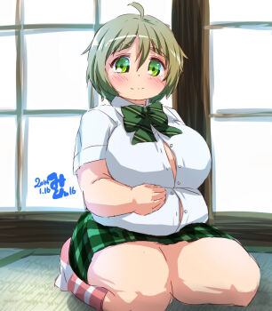 10s 1girl belly bow bowtie breasts bursting_belly bursting_breasts collared_shirt fat fat_woman female_focus green_eyes green_hair hand_on_own_stomach huge_breasts matching_hair/eyes mikomu miniskirt nakazawa_minori no-rin seiza shirt sitting skirt smile solo thick_eyebrows thick_thighs thighs undersized_clothes