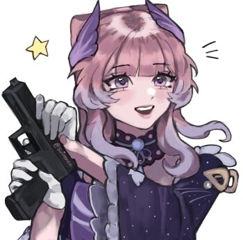 Rule 34 | 1girl, :d, blue dress, choker, commentary, dress, english commentary, genshin impact, gloves, gun, handgun, highres, holding, holding gun, holding weapon, long hair, long sleeves, open mouth, pink hair, purple eyes, revision, sangonomiya kokomi, simple background, smile, solo, star (symbol), sui (suirenzn), upper body, weapon, white background, white gloves, wide sleeves