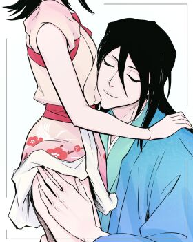 1boy 1girl antatica11 black_hair bleach closed_eyes commentary english_commentary green_kimono hair_between_eyes hand_on_another&#039;s_ass hetero highres husband_and_wife japanese_clothes kimono kuchiki_byakuya kuchiki_hisana long_hair pink_kimono short_kimono smile