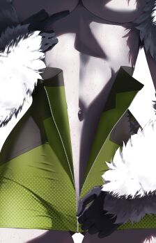 1girl absurdres arthropod_girl breasts close-up colored_skin fur_trim grey_skin highres indie_virtual_youtuber insect_girl juniper_actias large_breasts midriff monster_girl moth_girl navel piercing stomach sweat teasing thighs underboob undressing vivi_co zipper