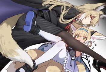 2girls absurdres angry animal_ear_fluff animal_ears arknights black_jacket black_pantyhose black_skirt black_suit blonde_hair blue_hairband blush braid child ebora facial_scar formal_clothes fox_ears fox_girl fox_tail green_eyes hair_between_eyes hairband headband high_heels highres jacket kitsune leg_up looking_at_viewer mother_and_daughter multicolored_hair multiple_girls multiple_tails orange_eyes pantyhose purple_skirt scar scar_on_cheek scar_on_face skirt slit_pupils suit suzuran_(arknights) sweatdrop tail vulpisfoglia_(arknights) white_hair white_pantyhose yellow_tail