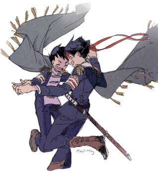 2boys ace_attorney arm_up armband black_coat black_hair black_pants blush boots brown_shoes cape closed_eyes coat commentary_request cropped_legs epaulettes hazime headband holding_hands kazuma_asogi layered_sleeves long_sleeves male_focus multiple_boys open_mouth outstretched_arm pants red_headband ryunosuke_naruhodo shoes short_hair side_cape simple_background smile standing standing_on_one_leg the_great_ace_attorney twitter_username white_background