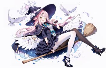 1girl absurdres angel_wings aqua_bow aqua_bowtie aqua_hair asymmetrical_legwear bird black_dress black_pantyhose blue_archive blush bow bowtie broom broom_riding commentary_request crescent dress falling_feathers feathered_wings feathers frilled_dress frills full_body gradient_hair guyu_(5445) hair_bun hat hat_ribbon highres looking_at_viewer low_wings mika_(blue_archive) multicolored_hair open_mouth pantyhose ribbon simple_background single_hair_bun single_side_bun smile white_background white_feathers white_ribbon white_wings wing_ornament wings witch witch_hat