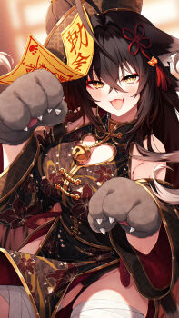 1girl absurdres ahoge animal_ear_fluff animal_ears animal_hands bandaged_leg bandages bell black_dress black_hair breasts china_dress chinese_clothes clothing_cutout dress fang gloves hasumi_(hasubatake39) heart_cutout highres jiangshi_costume jingle_bell large_breasts long_hair neck_bell ofuda open_mouth original paw_gloves setsuna_(hasumi_(hasubatake39)) solo tongue tongue_out yellow_eyes