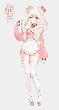 1girl alcremie alcremie_(strawberry_sweet) apron breasts cleavage_cutout closed_mouth clothing_cutout dress frilled_apron frills full_body fymrie gen_8_pokemon hair_over_shoulder hand_up heart highres humanization long_hair long_sleeves looking_at_viewer medium_breasts nintendo pink_dress pink_eyes pokemon short_dress side_slit solo sweatdrop thighhighs thighs white_apron white_hair white_thighhighs wide_sleeves zettai_ryouiki