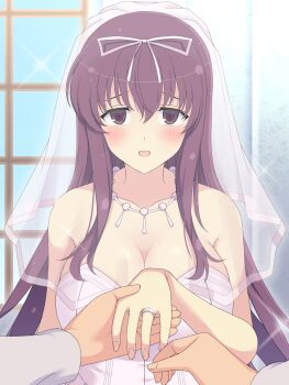 1boy 1girl blush breasts bridal_veil cleavage day dress highres holding_hands jewelry large_breasts long_hair looking_at_viewer marriage murasaki_(senran_kagura) necklace perapera purple_eyes purple_hair ring senran_kagura smile veil wedding_band wedding_dress window