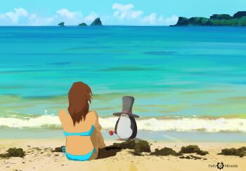 Rule 34 | 1girl, beach, bikini, bird, blue bikini, blue sky, brown hair, cloud, commentary, day, english commentary, from behind, hat, horizon, long hair, ocean, on ground, original, outdoors, penguin, scenery, shadow, side-tie bikini bottom, sitting, sky, snatti, swimsuit, top hat, waves