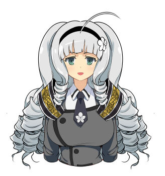 1girl :d absurdres ahoge armor black_hairband black_necktie blush breasts cleavage commentary drill_hair drill_sidelocks english_commentary floral_print_necktie flower ginrei_(senran_kagura) green_eyes grey_hair hair_flower hair_ornament hairband highres kometoze large_breasts lily_(flower) long_hair long_sleeves looking_at_viewer multiple_drills necktie open_mouth pauldrons print_necktie senran_kagura senran_kagura_new_wave shoulder_armor sidelocks simple_background smile solo upper_body white_background white_flower