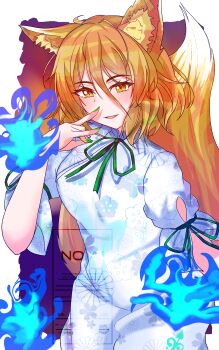 absurdres animal_ears double_fox_shadow_puppet fox_ears fox_girl fox_shadow_puppet fox_tail green_ribbon hat highres hirwannew kudamaki_tsukasa patchwork_clothes ribbon romper shoulder_guard sleeve_ribbon tail tokin_hat touhou unconnected_marketeers white_romper