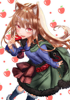 1girl absurdres animal_ear_fluff animal_ears blue_shirt blush brown_eyes brown_hair cape commentary_request fangs feet_out_of_frame from_above fur-trimmed_cape fur-trimmed_skirt fur_trim green_cape green_skirt hand_up highres holding holo long_hair looking_at_viewer open_mouth shirt skirt solo spice_and_wolf thighhighs uta_kumokiri wolf_ears wolf_girl