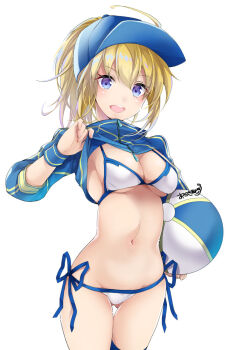 1girl akatsuki_hijiri artoria_pendragon_(fate) ball beachball bikini blonde_hair breasts cleavage cowboy_shot fate/grand_order fate_(series) gluteal_fold groin hat high_ponytail large_breasts mysterious_heroine_x_(fate) mysterious_heroine_xx_(fate) navel ponytail self_exposure shrug_(clothing) side-tie_bikini_bottom single_thighhigh solo swimsuit thighhighs white_background white_bikini