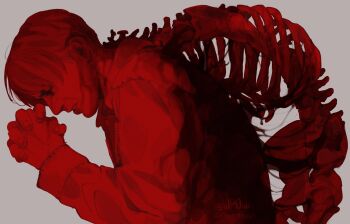 1boy absurdres blood clenched_teeth closed_eyes commentary english_commentary grey_background guro highres hunched_over jacket james_sunderland long_sleeves male_focus monochrome own_hands_together praying profile ribs short_hair silent_hill_(series) silent_hill_2 simple_background skeleton solo teeth twitter_username wr0wn