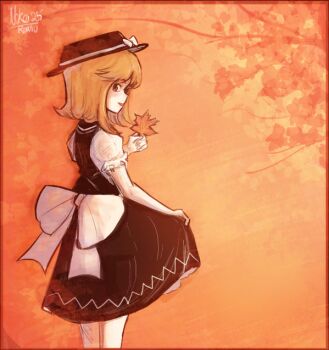 1girl back_bow black_dress black_hat border bow brown_eyes commentary_request cowboy_shot dress hat hat_bow holding holding_leaf holding_own_skirt leaf looking_back niko_rausu orange_border short_sleeves signature solo touhou touhou_(pc-98) tree white_bow yuki_(touhou)