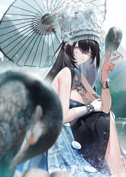 1girl absurdres anger_vein bad_tag bare_shoulders bird black_hair blurry blurry_foreground bracelet breasts chinese_clothes colored_inner_hair grey_eyes grey_hair headdress helmet heron highres holding holding_umbrella jewelry large_breasts long_hair looking_at_animal looking_at_viewer looking_to_the_side missing_commentary multicolored_hair oil-paper_umbrella original photo_background sitting solo umbrella v yushe_quetzalli