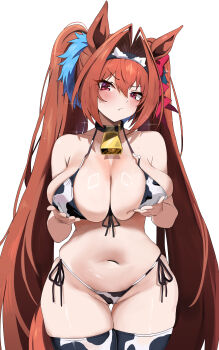 1girl absurdres alternate_costume animal_ears animal_print armpit_crease arms_under_breasts bare_shoulders bell bikini blush breast_lift breasts brown_hair choker cleavage collarbone commentary cow_print cow_print_bikini cow_print_thighhighs cowboy_shot curvy daiwa_scarlet_(umamusume) fang front-tie_bikini_top front-tie_top gluteal_fold grabbing_own_breast groin hair_between_eyes hair_intakes hair_ribbon hairband halterneck highres horse_ears horse_girl horse_tail huge_breasts long_hair looking_at_viewer micro_bikini navel neck_bell print_bikini print_thighhighs red_eyes red_ribbon ribbon side-tie_bikini_bottom sideboob simple_background skin_fang skindentation solo stomach string_bikini sweatdrop swimsuit sylph_kim tail thigh_gap thighhighs thighs twintails umamusume very_long_hair white_background