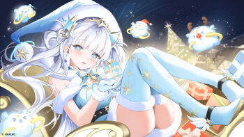 1girl bare_shoulders bell blue_dress blue_eyes blunt_bangs blush bow bowtie character_request christmas commentary_request copyright_request crown dress feet floating_hair fur-trimmed_dress fur-trimmed_gloves fur-trimmed_headwear fur-trimmed_thighhighs fur_trim gift gloves hair_ornament haruri hat head_tilt high_heels highres knees_up legs long_hair neck_bell official_art open_mouth outdoors santa_hat sitting sky sleeveless sleeveless_dress smile solo star_(sky) star_(symbol) starry_sky thighhighs thighs virtual_youtuber white_bow white_bowtie white_hair white_thighhighs