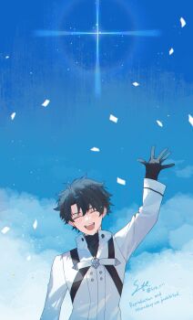 1boy absurdres arm_up black_gloves black_hair black_shirt blue_sky blush closed_eyes cloud cloudy_sky commentary fate/grand_order fate_(series) fujimaru_ritsuka_(male) fujimaru_ritsuka_(male)_(decisive_battle_chaldea_uniform) gloves hair_between_eyes highres jacket long_sleeves male_focus shirt short_hair sky smile solo star_(symbol) syerii teeth turtleneck turtleneck_shirt upper_body waving white_jacket