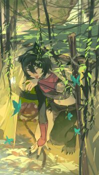 1girl absurdres animal_ears black_hair black_nails blue_butterfly bug butterfly cat_ears cat_girl danbaofan_omuless dungeon_meshi hair_between_eyes highres insect izutsumi midriff navel red_scarf scarf short_hair smile solo tongue tongue_out walking_mushroom_(dungeon_meshi) yellow_eyes