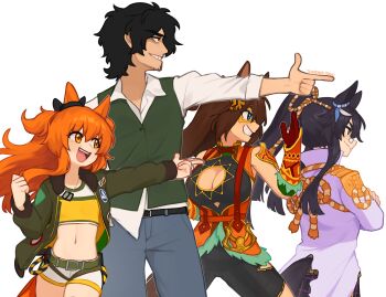 1boy 3girls :d animal_ears armor bandaid bandaid_on_face bandaid_on_nose belt black_belt black_bodysuit black_bow black_hair black_skirt blue_eyes blue_pants bodysuit bow breasts brown_hair cleavage cleavage_cutout clothing_cutout coat collared_shirt commentary cosplay cowboy_shot cropped_shirt domino_mask ear_bow el_condor_pasa_(kukulkan_warrior)_(umamusume) el_condor_pasa_(umamusume) english_commentary eye_mask finger_gun gloves green_belt green_jacket green_vest grin highres horse_ears horse_girl horse_tail jacket long_hair long_sleeves looking_to_the_side mask mayano_top_gun_(scramble_zone)_(umamusume) mayano_top_gun_(umamusume) multiple_girls narita_brian_(maverick)_(umamusume) narita_brian_(umamusume) navel open_clothes open_jacket open_mouth orange_eyes orange_hair outstretched_arm pants patch ponytail red_gloves shirt short_hair shorts shoulder_armor simple_background skirt smile stomach tail torn_clothes torn_coat trainer_(umamusume) trainer_(umamusume)_(cosplay) umamusume vambraces vest white_background white_coat white_shirt white_shorts yellow_eyes yellow_mask yellow_shirt yoako yoako_(character)