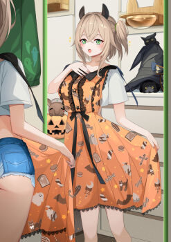 1girl :o animal_ears artemis_(nimi_nightmare) baby_bean_(nimi_nightmare) black_hat blonde_hair blue_shorts cat collared_shirt commentary crossed_bangs denim denim_shorts double-parted_bangs dress frayed_shorts green_eyes hair_between_eyes hat highres holding holding_unworn_clothes indie_virtual_youtuber indoors jack-o&#039;-lantern lace lace-trimmed_dress lace_trim looking_at_mirror looking_at_reflection mirror nimi_nightmare nimi_nightmare_(tapir) one_side_up open_mouth orange_dress print_dress shirt short_hair short_shorts shorts sleeveless sleeveless_dress solo sora_no_tori standing t-shirt tapir_ears tapir_girl unworn_dress unworn_hat unworn_headwear virtual_youtuber white_shirt witch_hat