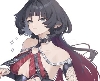 1girl :3 animal_ears bare_shoulders black_hair black_leotard black_one-piece_swimsuit blue_eyes bra breast_curtains breasts choker cleavage closed_mouth collarbone fishnet_sleeves fishnets highres jane_doe_(nocturne_of_light)_(zenless_zone_zero) jane_doe_(zenless_zone_zero) large_breasts leotard long_hair looking_at_viewer mouse_ears mouse_girl multicolored_hair notched_ear o-ring o-ring_choker official_alternate_costume one-piece_swimsuit red_bra red_hair red_nails red_one-piece_swimsuit simple_background solo sparkle suwa_(swk_kkk) swimsuit two-tone_one-piece_swimsuit underwear upper_body white_background zenless_zone_zero