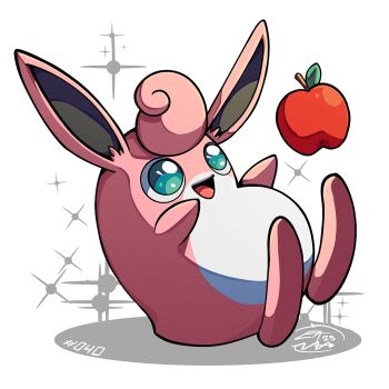 apple food fruit full_body gen_1_pokemon mistray-art nintendo no_humans open_mouth pink_fur pokemon pokemon_(creature) signature simple_background solo sparkle two-tone_fur white_background white_fur wigglytuff